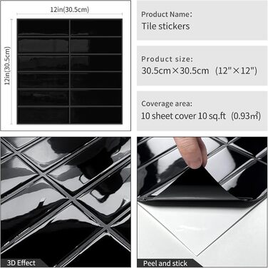 Наклейки на плитку DEWOO, клейка плитка, плитка Metro, самоклеюча настінна плитка, плівка для плитки для кухні та ванної кімнати, прямокутна, - шт. (30,5 x 30,5 см) (10, чорний)