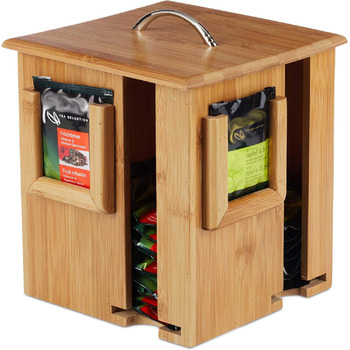 Чайний ящик Relaxdays, обертовий чайний ящик, зі знімною кришкою, 4 відділення приблизно на 160 чайних пакетиків, ВxШxГ 20,5 x 18 x 18 см, натуральний Чайний ящик Relaxdays, обертовий чайний ящик, зі знімною кришкою, 4 відділення приблизно на 160 чайних пакетиків, ВxШxГ 20,5 x 18 x 18 см, натуральний