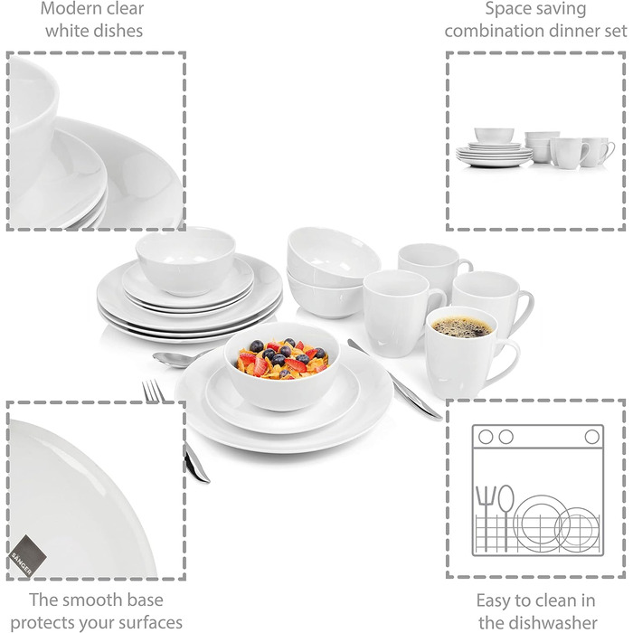 СПІВАЧКА Столовий сервіз New Port білий, порцеляновий набір посуду на 86 предметів на 12 персон, повний набір, набір тарілок білого кольору (комбінований сервіз 16 шт.)