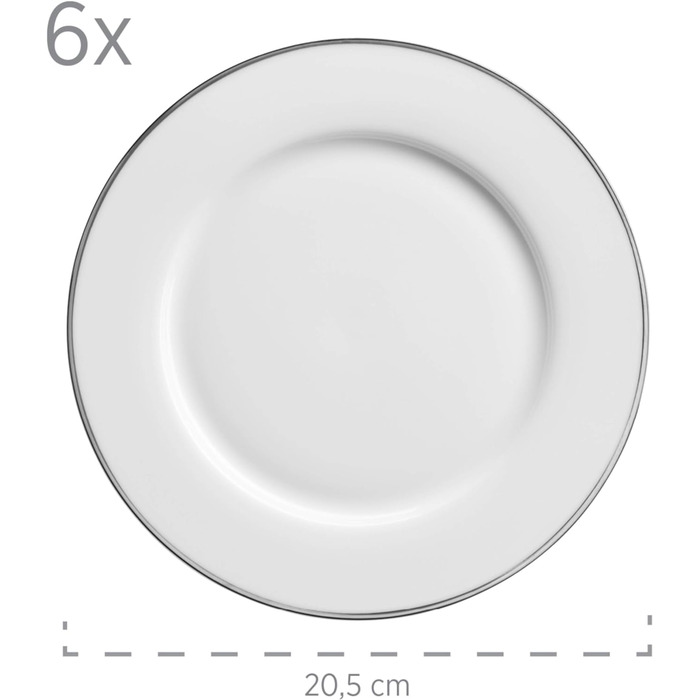 Професійний набір обідніх тарілок для 6 осіб у білому кольорі з порцеляною з 12 предметів (срібний обідок, кавовий сервіз), 931533