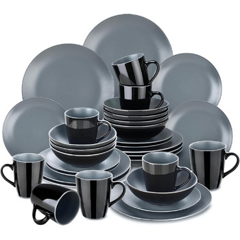 Столовый сервиз из керамогранита, набор посуды vancasso MODA, винтажный вид, комбинированный сервиз из 40 предметов с 8 тарелками, тарелками для тортов, суповыми тарелками, мисками и чашками каждая (темно-серый Lento, 32 шт.)