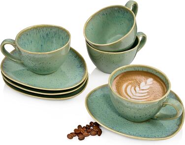 СПІВАЧКА Набір кавових чашок з блюдцем Maya 8 шт. , кавовий сервіз на 4 особи, набір фаянсових чашок м'ятно-зелений з синім градієнтом, кавовий посуд сучасний & можна мити в посудомийній машині Кава 230 мл, стаканчики 8 шт.