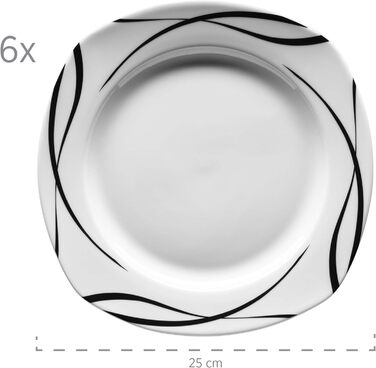 Серія Осло, набір тарілок з 12 предметів на 6 осіб з порцеляни, класичний столовий сервіз, позачасовий, елегантний, чорно-білий столовий сервіз 12 шт., 920673