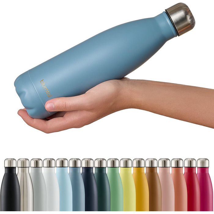 Пляшка для води Blumtal з нержавіючої сталі - Герметична ізольована пляшка - Пляшка для води без бісфенолу А для гарячих та холодних напоїв - Двостінна ізольована пляшка - Ізоляційна пляшка, стійка до іржі, дерево/срібло (05 - Голубиний сірий - Сіро-блаки