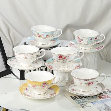 Чайні чашки з блюдцями Fanquare з квітковим візерунком, набір з 6 шт. , різноманітні пастельні квіткові порцелянові кавові чашки з золотим обідком, придатні для миття в посудомийній машині та заморожування (жовті та сині)