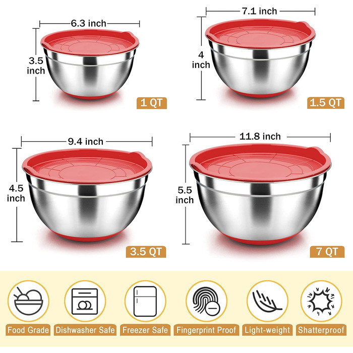 Миски для смешивания Herogo с герметичными крышками, набор из 4 шт., миски для раскладки из нержавеющей стали с подходящими крышками и нескользящим силиконовым основанием, размер 4, 7, 3.5, 1.5, 4 шт. Большие металлические миски для смешивания, (красные)