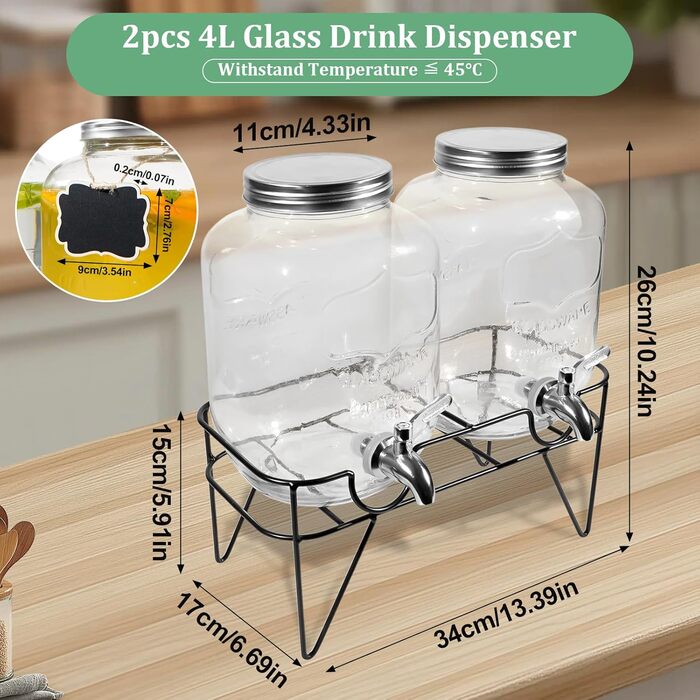 Двойной стеклянный диспенсер для напитков 2 х 4 л с металлической подставкой Hisredsun