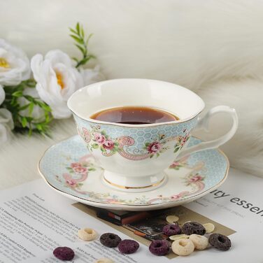 Чайні чашки з блюдцями Fanquare з квітковим візерунком, набір з 6 шт. , різноманітні пастельні квіткові порцелянові кавові чашки з золотим обідком, придатні для миття в посудомийній машині та заморожування (жовті та сині)