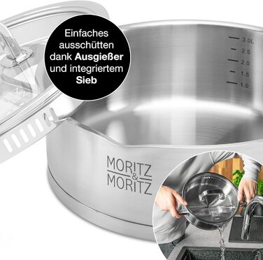 Сервірувальна сковорода з нержавіючої сталі Moritz & Moritz з кришкою 28 см - Підходить для всіх типів плит - Масштаб до 4 л - Вбудоване сито в кришці - Індукційна каструля для смаження, тушкування та подачі (Ø 24 см)