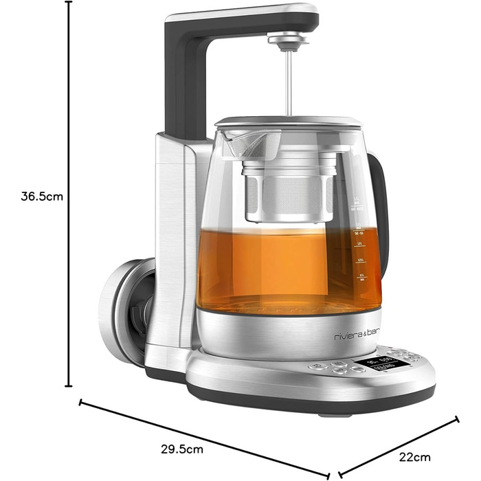 Чайник riviera&bar Cha Dao Expert з регульованою температурою, загартоване скло та нержавіюча сталь, тихий режим, оптимальне заварювання чаю, 1,5 л, 22 x 36,5 x 29,5 см