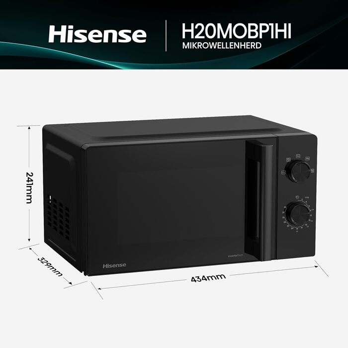 Мікрохвильова піч Hisense H20MOBP1HI / 20 л / 700 Вт / InverterTech / Керамічне покриття / Преміальне скло / Виготовлено на замовлення, багатофазне приготування / Функція розморожування / 5 рівнів потужності / Блокування від дітей / Чорна 20 л Аналогове к
