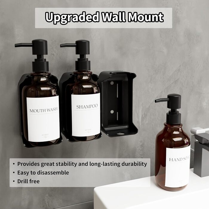 Набір з 3 дозаторів рідкого мила 500 мл з настінним тримачем, бурштиновий колір HCYWOC