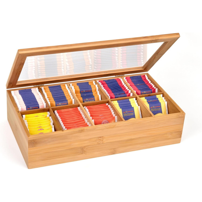 Бамбукова чайна коробка GRWE з 10 відділеннями, кришкою на петлях, оглядовим віконцем, коробка для чайних пакетиків для зберігання чаю з захистом від аромату - 36 x 20 x 9 см Бамбук, велика - 10 відділень