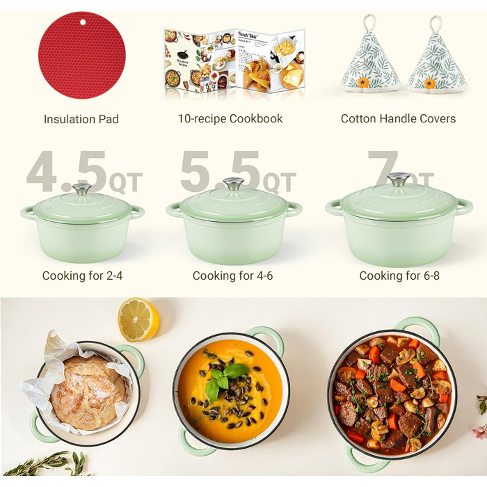 Чавунна форма для запікання Overmont Enamel - 26 см, придатна для використання в духовці, з кришкою та кулінарною книгою - для випікання, тушкування, запікання, білого кремового кольору (26 см-5,2 л, кольору бобів)