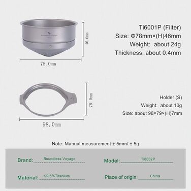 Безмежна подорож Титановий кавовий сітчастий фільтр Pour Over Безпаперовий повільний крапельний кавовий фільтр Багаторазова крапельниця для кемпінгу на відкритому повітрі Ti6001P (підставка для фільтра та фільтра)