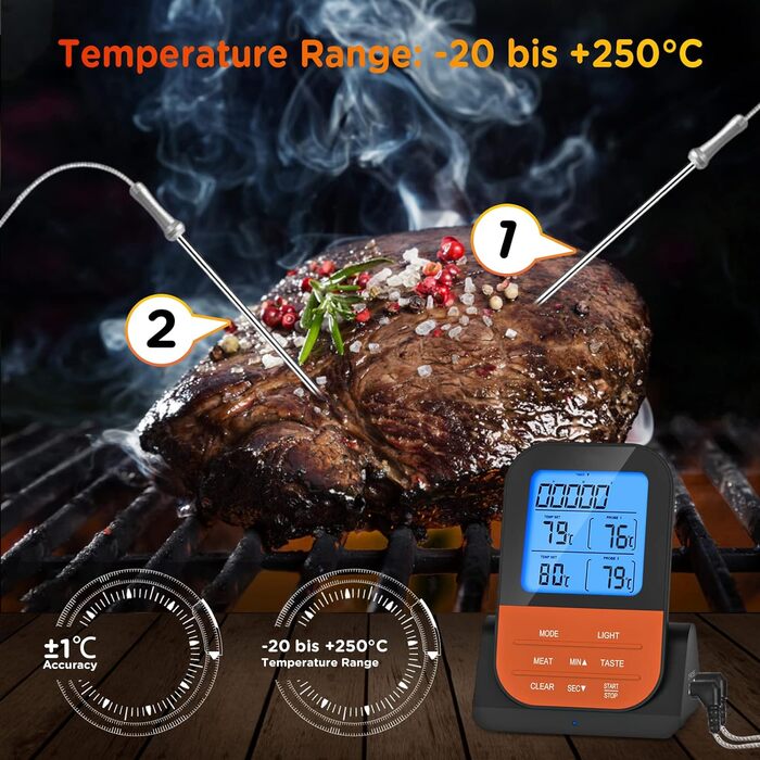 Термометр для мяса, магнитный с таймером ЖК-дисплей 2 зонда Vialex