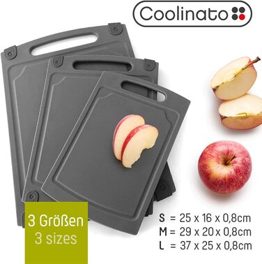 Набір обробних дощок Coolinato, 3 шт., різні розміри, антибактеріальні дошки з жолобком для збору рідини, 3 кольори для гігієнічного розділення продуктів (сірий, розміри S, M та L)