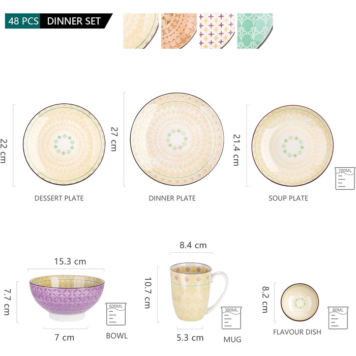 Порцеляновий набір посуду Haruka, 48 шт. Комплект круглий комбо-сервіз на 12 персон, включає в себе кружки, піали, десертні тарілки і обідні тарілки (тюльпан, 48 шт. TULIP)