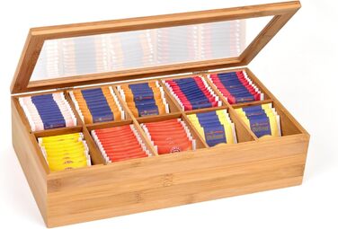 Бамбукова чайна коробка GRWE з 10 відділеннями, кришкою на петлях, оглядовим віконцем, коробка для чайних пакетиків для зберігання чаю з захистом від аромату - 36 x 20 x 9 см Бамбук, велика - 10 відділень