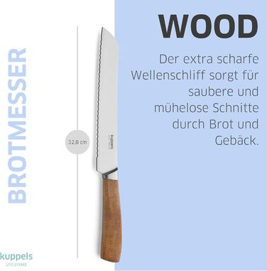 Набір кухонних ножів Kuppels WOOD, 3 предмети ніж шеф-кухаря, ніж універсальний та ніж для овочів з ручкою з акації. Надзвичайно гострий набір ножів з хромо-ванадієвої сталі, професійний набір для овочів та мяса (включає ніж для хліба).