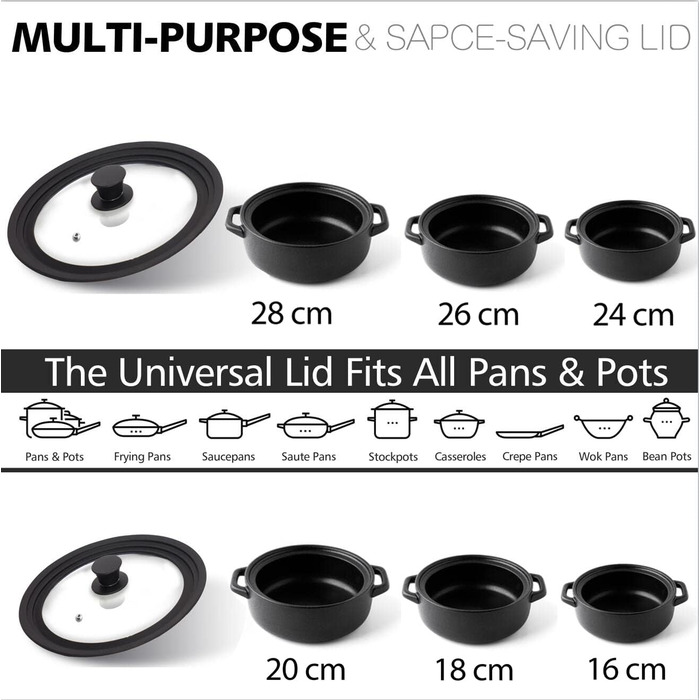 Силіконові універсальні кришки Anaeat для каструль, сковорідок та сковорідок загартоване скло з термостійким силіконовим обідком, підходить для посуду діаметром від 16 см до 28 см (2 шт.) змінні кришки (діаметром від 16 см до 28 см (2 шт.))