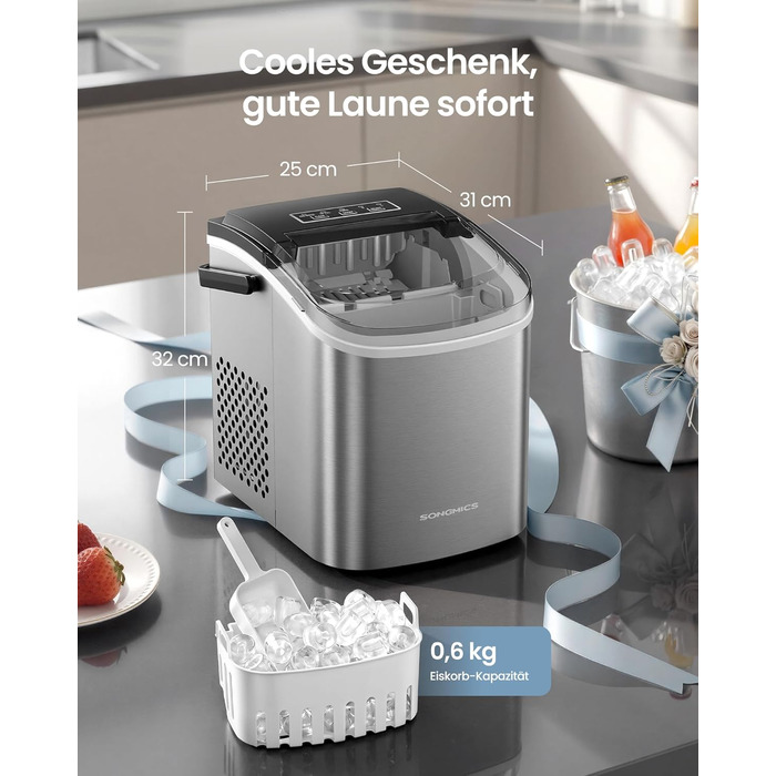 Ледогенератор для дома и путешествий 9 кубиков за 6 минут серебристо-серый SONGMICS