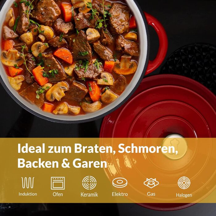 Чавунна каструля Chefarone 24 см, Емальована каструля з кришкою для випікання хліба, тушкування та запікання Хлібна каструля, сумісна з індукцією (червона, 4,7 л)