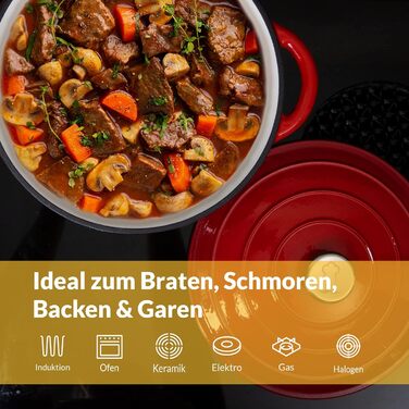 Чавунна каструля Chefarone 24 см, Емальована каструля з кришкою для випікання хліба, тушкування та запікання Хлібна каструля, сумісна з індукцією (червона, 4,7 л)