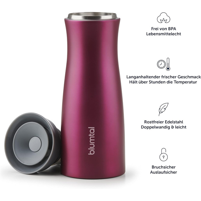 Термокружка Blumtal - Дорожня кружка з нержавіючої сталі - Герметична ізольована кружка для гарячих/холодних напоїв - Відкриття на 360 - Термокружка із швидким закриттям - Кавова кружка - Рожева (380 мл, 13 - Ягідний - Рожевий)