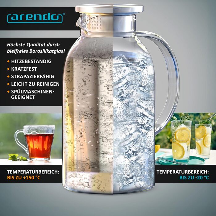 Скляний глечик з кришкою з нержавіючої сталі 2,3 л Arendo