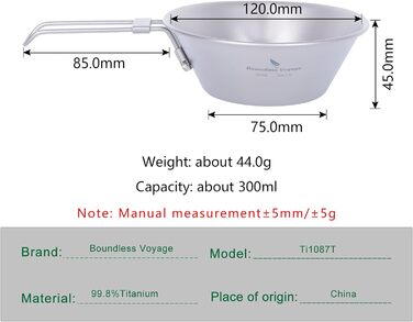 Мл/450 мл Миска з титановою чашкою Легкий кемпінговий посуд зі складною ручкою та носиком проти крапель Міцний міні-горщик для походів на відкритому повітрі Портативний посуд для пікніка (чашка Ti1087T-300 мл), 300