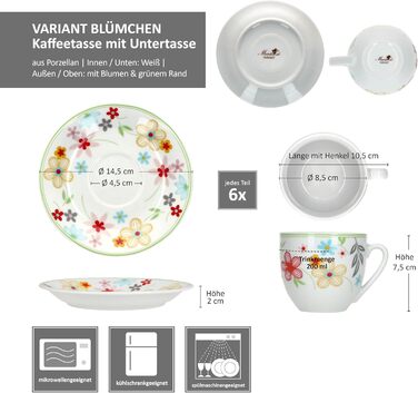 Набір із 6 тарілок для торта MamboCat Variant Floral Барвисті порцелянові тарілки для сніданку на 6 осіб Барвисті маленькі тарілки для салату, десерту та інших страв на сніданок, обід, каву та вечерю (кавова чашка з блюдцем)