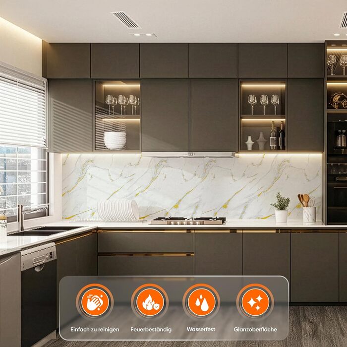 Стінові панелі IZODEKOR під мармур 60x120 см Фартух для кухні ПВХ-облицювання стін для кухні, ванної кімнати Бризкозахисний екран для кухні Водонепроникний та термостійкий (4 панелі, Golden Harmony)