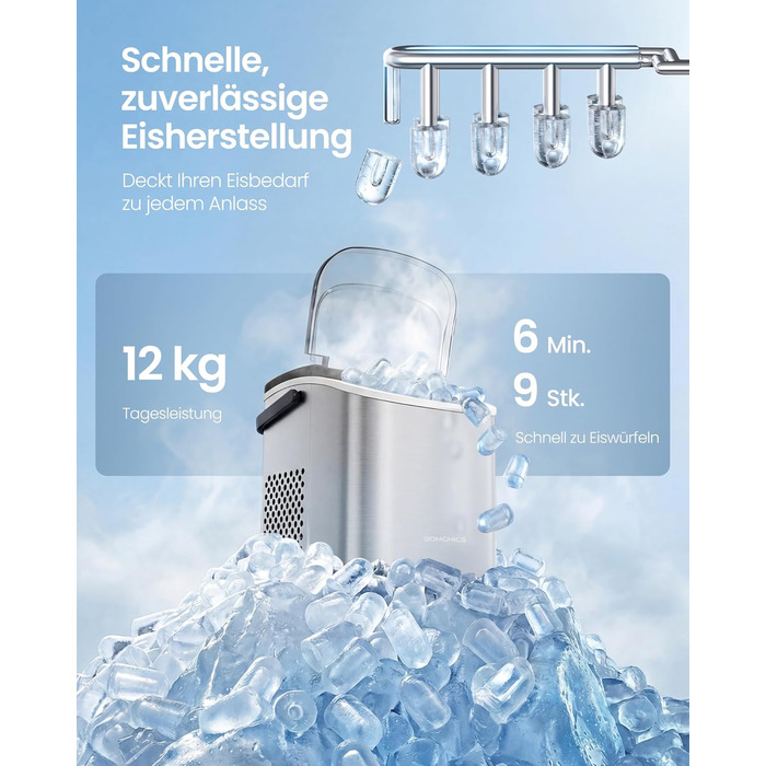 Ледогенератор для дома и путешествий 9 кубиков за 6 минут серебристо-серый SONGMICS