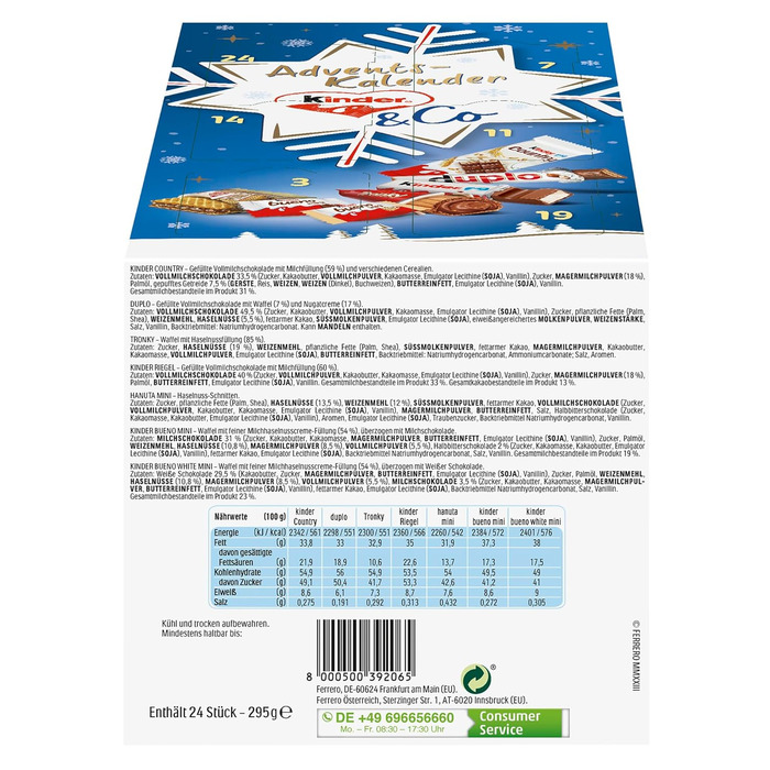 Рождественский адвент-календарь с 24 шоколадными деликатесами, 295 г Kinder & Ferrero