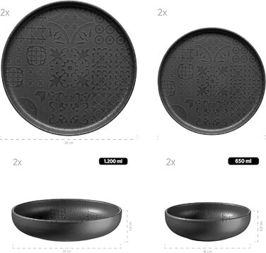 Современный винтажный набор посуды на 2 персоны в мавританском дизайне с матовой глазурью, обеденный сервиз из 8 предметов с тарелками и мисками из высококачественной керамики, керамогранита, черного цвета, 934064 Series Tiles