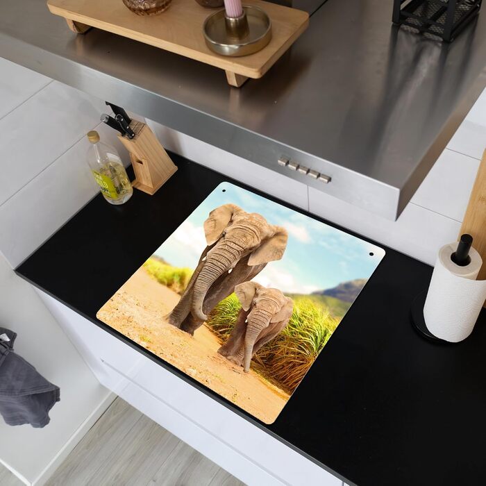 Фартух для плити, кухонний фартух, вініл, 78x52 см, декор для кухні, облицювання стіни, кришка для плити - сіро-чорна (слони - тварини, 78Д x 78Ш см)