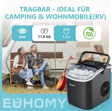 Маленький льодогенератор EUHOMY, 9 кубиків льоду за 6 хвилин, 12 кг/24 год, льодогенератор з нержавіючої сталі з портативною ручкою, самоочисний компактний льодогенератор для дому/кухні/офісу/бару (1,2 л, чорний - 12 кг)
